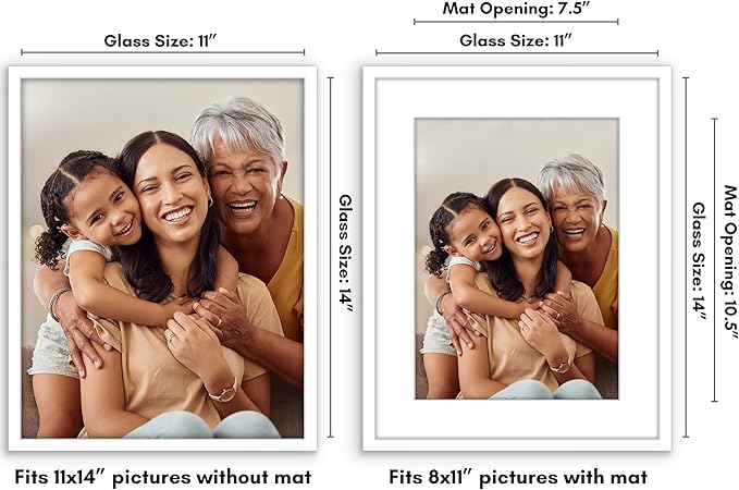 Americanflat 11x14 Picture Frame with Shatter-resistant Glass - Use as 8x11 Frame with Mat or Display 11x14 Photo Without Mat - Streamline Collection - Thin Border Picture Frames for Wall - White