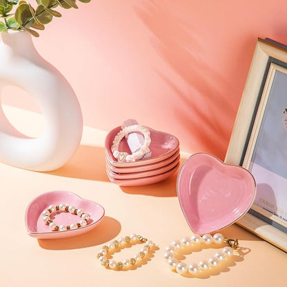 Shappy 12 Pcs Valentine Ceramic Jewelry Tray 4.5 in Pink Heart Ring Dish Trinket Gift for Women Birthdays Party Decoration