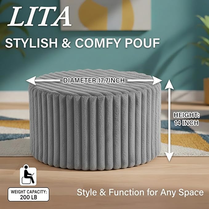 LITA Round Stuffed Pouf Ottoman, Corduroy Poufs with High-Density Foam Filling and Washable Cover, Furry and Fluffy Bean Bag Foot Stools Ottoman for Living Room, Bedroom, Office, Grey, Round