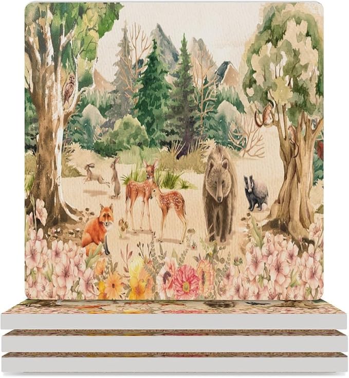 4PCS Forest Ceramic Coasters, Square Absorbent Drink Coasters, Retro Mountain Forest Nature Tree Woodland Flower Animal Bear, Deer Ceramic Table Coasters for Coffee, Beverage, Wine, Beer Coasters