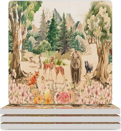 4PCS Forest Ceramic Coasters, Square Absorbent Drink Coasters, Retro Mountain Forest Nature Tree Woodland Flower Animal Bear, Deer Ceramic Table Coasters for Coffee, Beverage, Wine, Beer Coasters