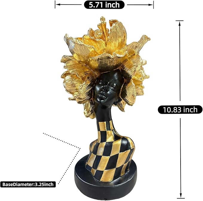 Golden African Woman Statue – Luxurious Resin Figurine with Gold Floral Headpiece and Black-Gold Geometric Dress, Modern African Art Sculpture for Home and Office Décor