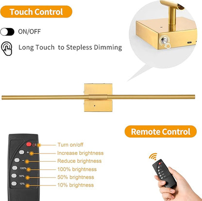 36 Inch Battery Operated Wall Sconces Set of 2, Dimmable Battery Wall Sconce with Remote Control, Gold LED Rechargeable Sconces, Modern Wireless Wall Lights for Bedroom, Living Room