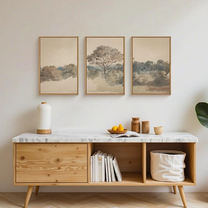 Aryroi Abstract Hazy Forest Landscape Framed Canvas Wall Art Set,Vintage Natural Earth Tone Woodland Wall Decor,Neutral Wilderness Trees Botanical Artwork For Living Room, Bedroom,Farmhouse-16 x24 x3