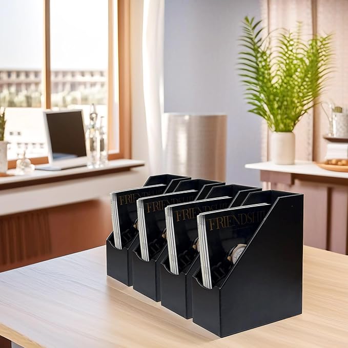 UnionBasic Magazine File Holder - Office Leatherette Desktop Document File Folder Journals Organizer Racks, Black, Set of 4
