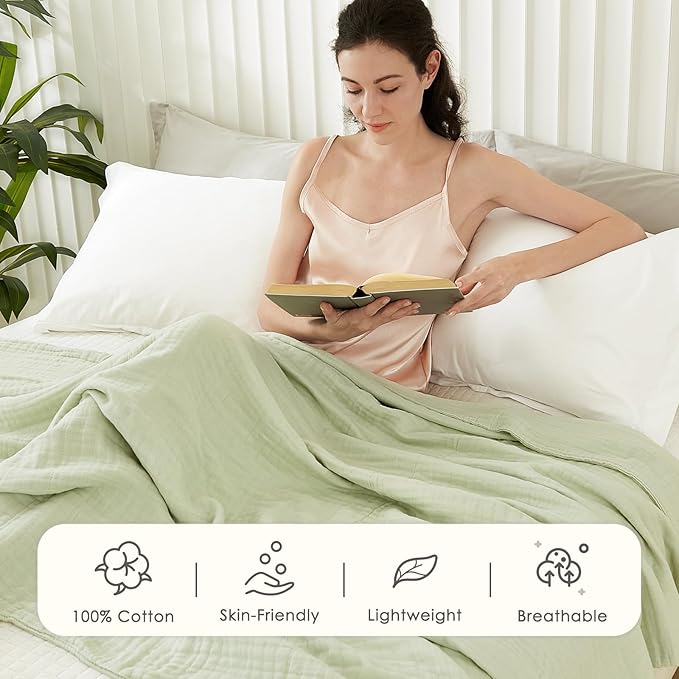 EMME Cotton Muslin King Blanket Bed Layering Breathable Gauze Blanket Soft Lightweight Blankets Adults (Mint Green, 108"x90")