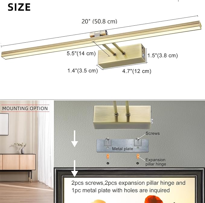 FUNCHDAY Picture Light,Battery Art Lights for Wall,Wireless Remote Painting Light with Timer and Dimmable,20”Metal Display Lighting for Artwork,Portrait,Gallery-Antique Brass