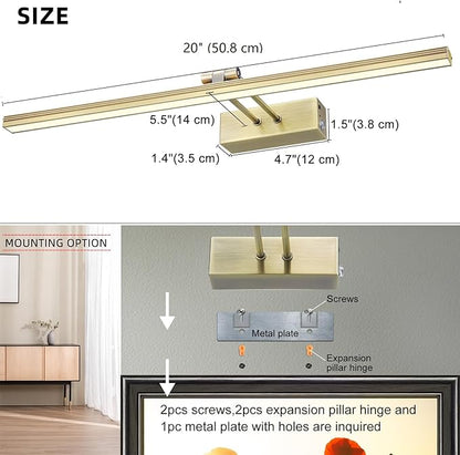 FUNCHDAY Picture Light,Battery Art Lights for Wall,Wireless Remote Painting Light with Timer and Dimmable,20”Metal Display Lighting for Artwork,Portrait,Gallery-Antique Brass