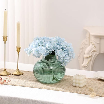 Green Glass Vase for Tulips, Ribbed Glass Vase for Flowers, Round Flower Vases, Small Short Vases for Living Room, Office, Coffee Table, Shelf, Wedding, 6 Inches