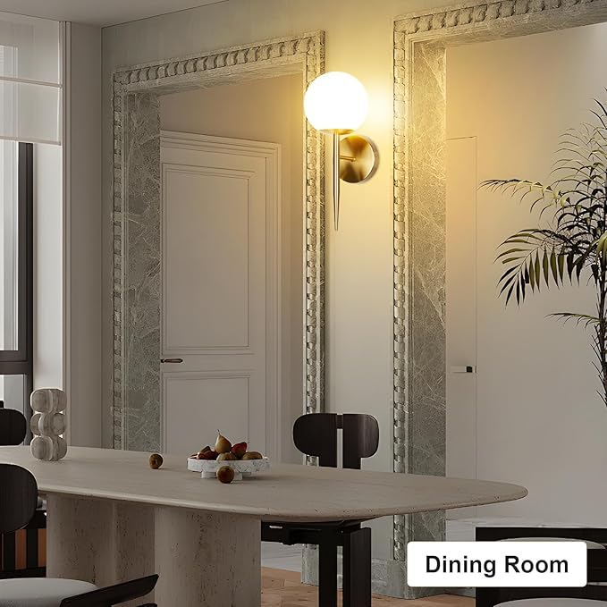 Modern Gold Globe Wall Sconce Decor Set of 2, Industrial Mid Century Bathroom Vanity Wall Light with White Globe Glass Shade Brushed Brass Wall Lamp for Restaurant Living Room Bedside Stairs