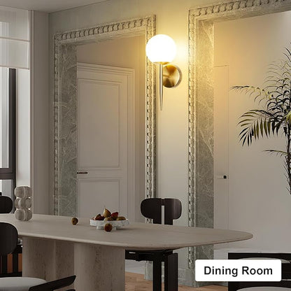 Modern Gold Globe Wall Sconce Decor Set of 2, Industrial Mid Century Bathroom Vanity Wall Light with White Globe Glass Shade Brushed Brass Wall Lamp for Restaurant Living Room Bedside Stairs