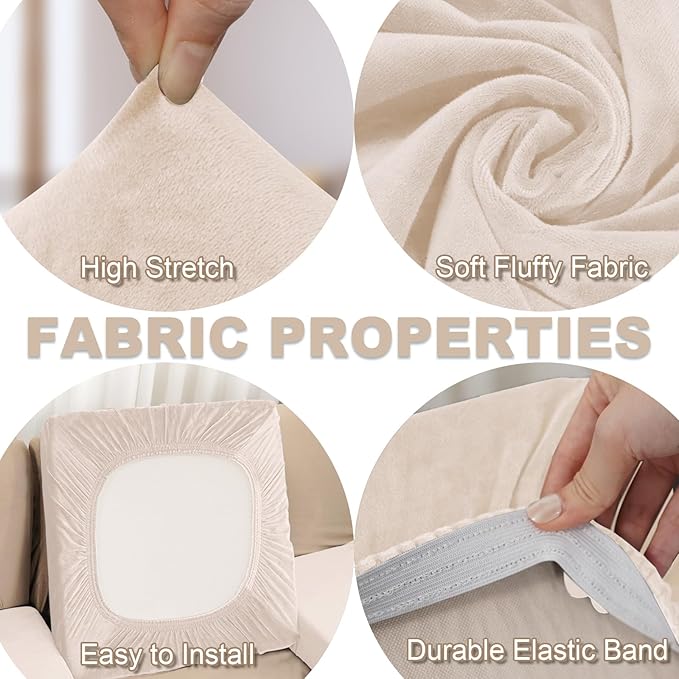 Sectional Couch Covers for 4-Piece Seat Cushion Velvet Separate L Shape Couch Cover Stretch Sofa Slipcover with 2 Pieces Pillowcases Furniture Protector (Sofa 3 Seater + 1 Chaise, Beige)