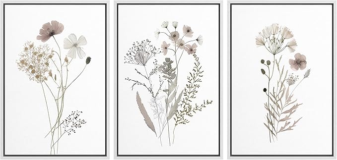 MUDECOR Framed Canvas Print Wall Art Watercolor Wildflower Art Print, Floral Botanical Prints, Minimalist Art, Modern Farmhouse for Bedroom - 24"x36"x3 White