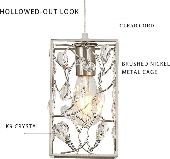 Modern Mini Crystal Pendant Light with Metal Cage 1-Light Rectangular Pendant Lighting Fixture for Kitchen Island Sink Countertop Dining Room Farmhouse, Brushed Nickel Finish