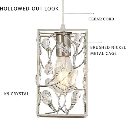 Modern Mini Crystal Pendant Light with Metal Cage 1-Light Rectangular Pendant Lighting Fixture for Kitchen Island Sink Countertop Dining Room Farmhouse, Brushed Nickel Finish
