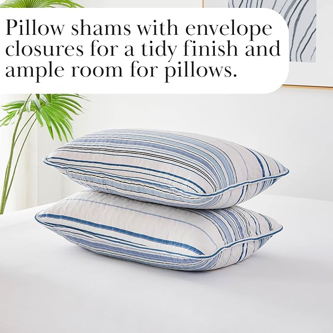 Southshore Fine Living, Inc. Twin/XL Quilt Bedding Set, Dorm Bedding Essentials, Stain Resistant, Machine Washable Striped Bedspread, Twin XL Comforter Set w/Pillow Sham, Blue Striped