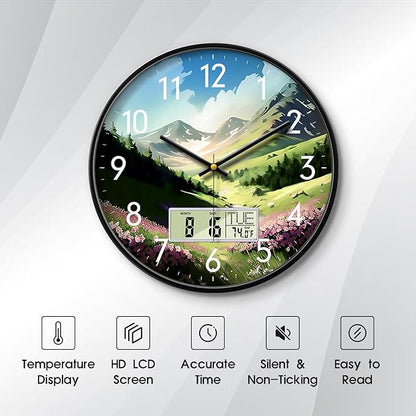 Digital Large Display Silent Wall Clock with Temperature Date Mountain Flowers Modern Non-ticking Battery Operated Mount Clocks Bathroom Kitchen Clock Farmhouse Living Room Office Decor 14 Inch