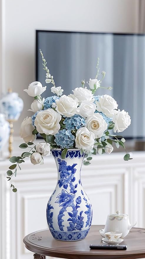 Blue and White Ceramic Vase, 11 Inch Tall Flower Vase in Floral Pattern, Large Retro Chinoiserie Vase Decor Side Table Centerpiece Living Room Bookshelf, Antique Grand Millennial Decor