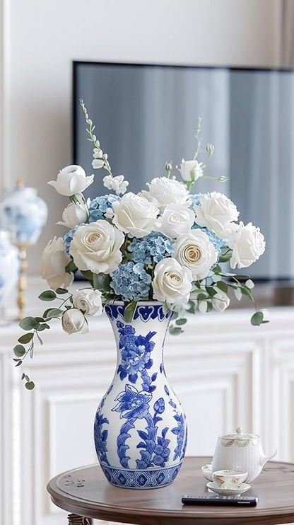 Blue and White Ceramic Vase, 11 Inch Tall Flower Vase in Floral Pattern, Large Retro Chinoiserie Vase Decor Side Table Centerpiece Living Room Bookshelf, Antique Grand Millennial Decor