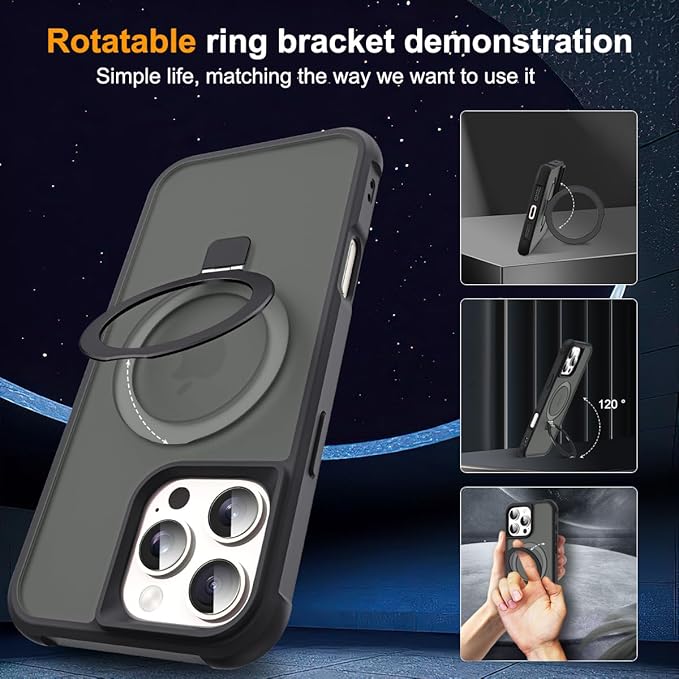 Compatible with iPhone 16 Pro Case with Invisible Magnetic O-Ring Stand Military-Grade Translucent Case for iPhone 16 Pro 6.3" [Compatible with Mag-Safe][Great Grip Feeling], Black