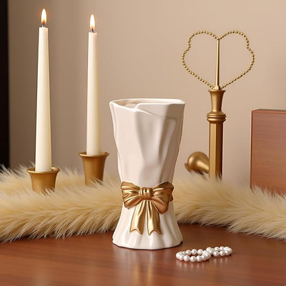 Bow Vase, White Flower Vase for Home Decor, White Ceramic Vases for Boho Style, 9.3 Inch Large Vases for Ideal Shelf Decor/Table/Living Room. (Glazed Exterior and Interior)