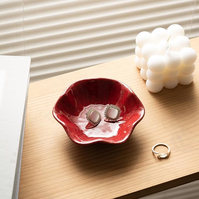 Ceramic Ring Dish, Jewelry Dish Holder, Small Trinket Tray Plate for Earrings Rings Necklaces Keys, Gift for Mom Friend Sister on Birthday Mother's Day Christmas (Red Surface)