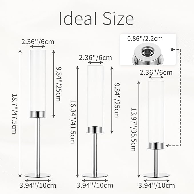 Silver Candle Holders for Candlesticks - Taper Candle Holders with Removable Glass, Tall Silver Candlestick Holders, Candle Stand Candle Sticks Long Holder for Table Centerpiece, Home, 30Pcs