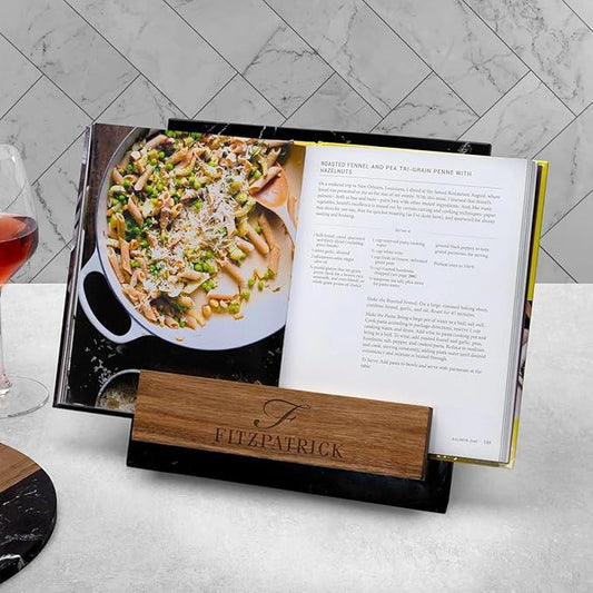 Personalized Cookbook Stand – Custom Engraved Acacia Wood & Black Marble Recipe Book Holder with Weighted Base – Rustic Design, Tablet & Cookbook Stand for Kitchen Counter, 12 × 11 × 7.5 