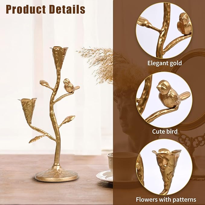 Gold Candelabra with Flowers and Bird for Farmhouse Decor, Vintage Metal Candlestick Holders for Dinner Room Table Centerpiece Decorative, Iron Candle Holder for Mantel Wedding Party Decor