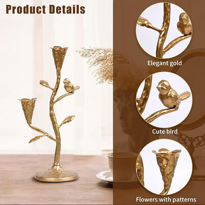 Gold Candelabra with Flowers and Bird for Farmhouse Decor, Vintage Metal Candlestick Holders for Dinner Room Table Centerpiece Decorative, Iron Candle Holder for Mantel Wedding Party Decor