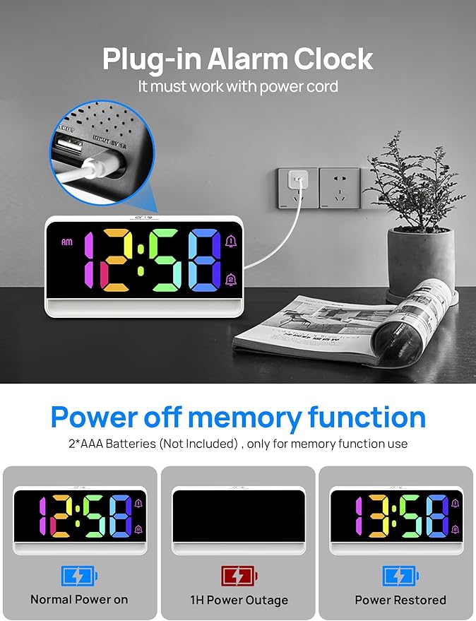 MASHI Loud Alarm Clock for Heavy Sleepers,Digital Clock with 12 Color NightLight,Adjustable Volume,Dynamic RGB Color, Snooze, DST Bedrooms Bedside,ok to Wake for Kids,Teens