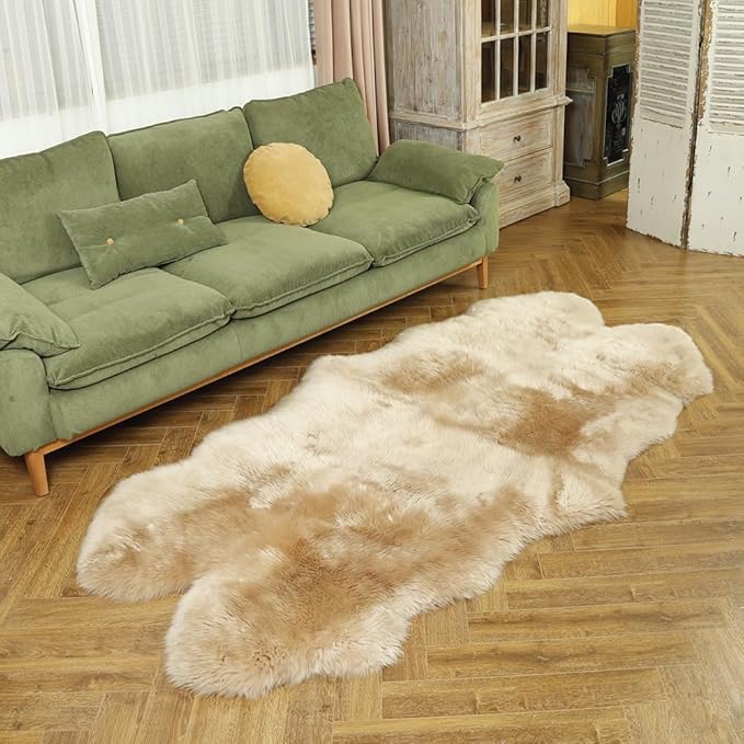LLB Genuine Sheepskin Area Rug Wool Rug Fur Carpet Fluffy Shaggy Fur Rug for Living Room Kids Bedroom Real Sheepskin Throw Lambskin Rugs Sofa Mat Chair Seat Covers (Tan, 4 x 6 ft Sheepskin)