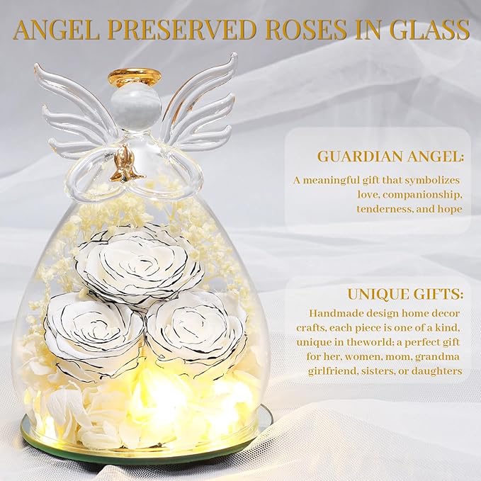 Beferr Valentines Day Rose Gifts for Her Women Mom Gifts for Birthday, Fresh Flowers for Delivery Prime Forever Preserved Rose in Glass Angel Figurine, for Grandma Wife Kids Daughter