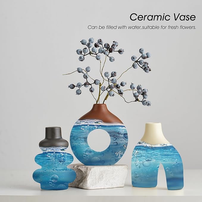 Ceramic Farmhouse Vase Set of 3, Rustic Centerpiece Vases for Fresh Dried Flowers Pampas Grass Bouquets, Boho Home Decor for Living Room Kitchen Entryway Table Mantel, Wedding Decor