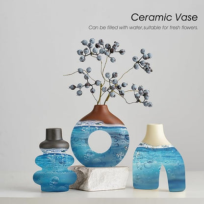 Ceramic Farmhouse Vase Set of 3, Rustic Centerpiece Vases for Fresh Dried Flowers Pampas Grass Bouquets, Boho Home Decor for Living Room Kitchen Entryway Table Mantel, Wedding Decor