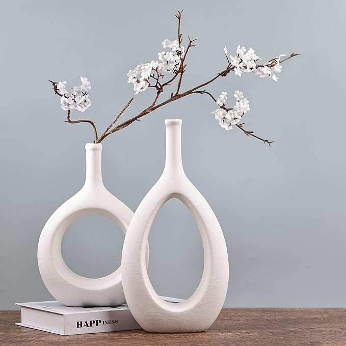 White Ceramic Hollow Elliptical Vase Set of 2 - Boho Circle Vase with Hole, for Modern White Table Decor, Living Room Decor Shelf mid Century Modern Home Entrance Decorative vase