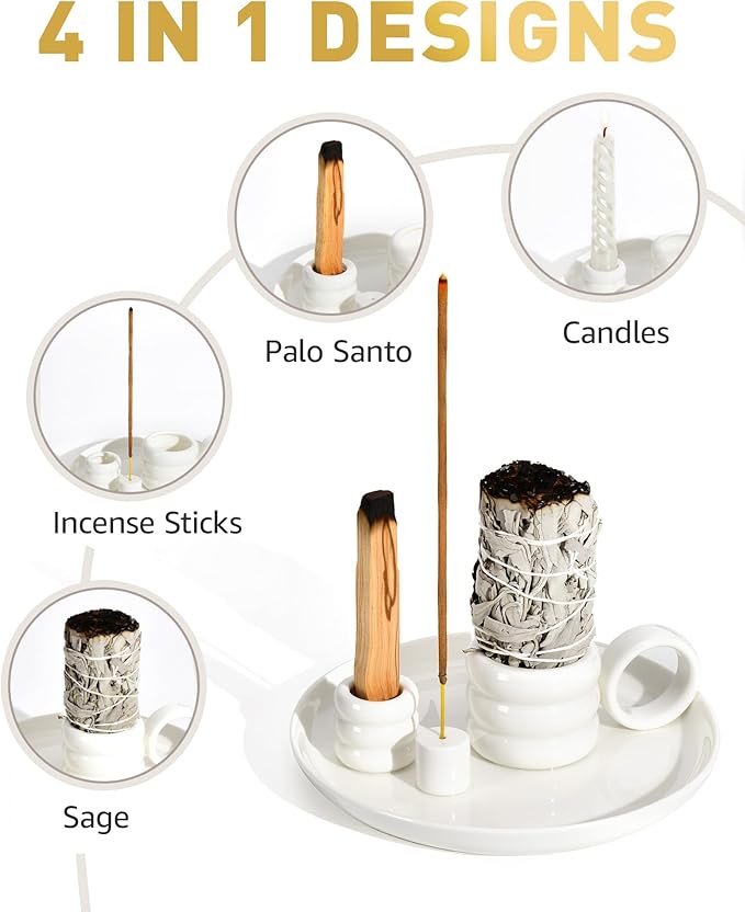 4 in 1 Incense Holder, Palo Santo Holder for Burning Sage, Sticks & Candle, Ceramic Incense Burner with Handle, 5.9 Inch Ash Catcher Tray, Zen Decor for Meditation & Gift, White