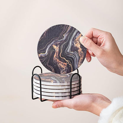 Ceramic Drink Coasters Set of 6 with Holder, Modern Marble Absorbent Ceramic Coasters, Round Ceramic Table Coasters for Home Decor Coffee Kitchen (4 Inches), Black