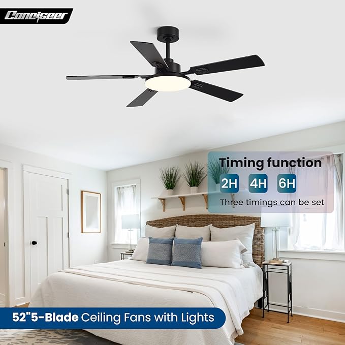 52 Inch Ceiling Fans with Lights and Remote for Bedroom Living Room Kitchen Office, Indoor/Outdoor Use, 5CCT Dimmable, 5 Blades 6 Speed Reversible Quiet DC Motor, Black/Wood Grain, 2 Pack