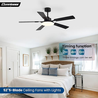 52 Inch Ceiling Fans with Lights and Remote for Bedroom Living Room Kitchen Office, Indoor/Outdoor Use, 5CCT Dimmable, 5 Blades 6 Speed Reversible Quiet DC Motor, Black/Wood Grain, 2 Pack
