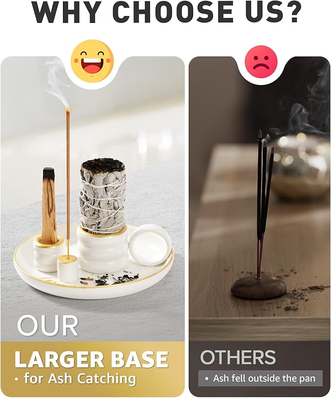 4 in 1 Incense Holder, Palo Santo Holder for Burning Sage, Sticks & Candle, Ceramic Incense Burner with Handle, 5.9 Inch Ash Catcher Tray, Zen Decor for Meditation & Gift
