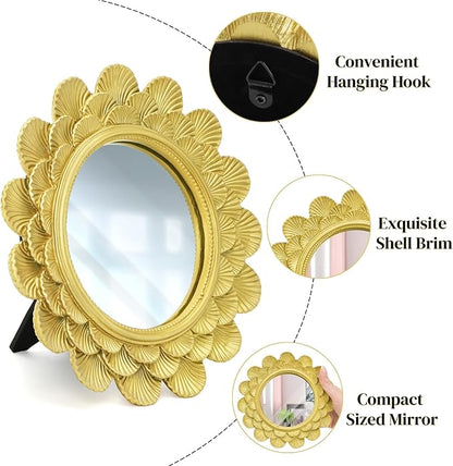 6.5" Vintage Vanity Makeup Desk Mirror, Small Gold Round Mirror for Table, Antique Scallop Edged Wall Mirror Decorative for Living Room Bedroom Dressing Tabletop