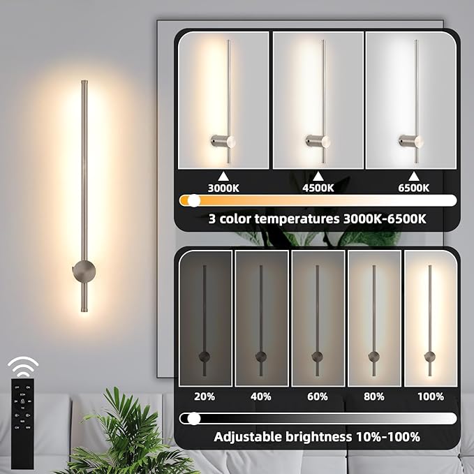 Battery Operated Wall Sconces with Remote, Dimmable 3000K-6000K/Timer/Memory LED Wall Lamp, 350°Rotate, USB Rechargeable Wireless wall lights for Living Room, Bedroom Brushed Nickel 23.6" (2 Pack)