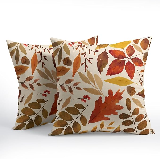 Fall Leaf Pillow Covers 18x18 Set of 2 Brown Beige Maple Leaves Autumn Harvest Throw Pillow Cases with Zipper Outdoor Decorative Cushion Cover Rustic Decoration Farmhouse Home Sofa Couch Bed Decor