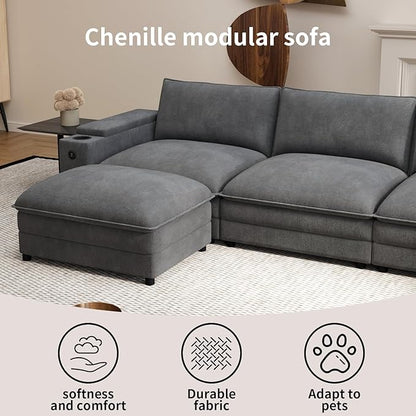 81.5" Loveseat Cloud Sofa Couch with Storage Armrest, Cup Holders, USB & Type-C Ports, Spring Cushions, Solid Wood Frame, Chenille Modular Sectional for Living Room