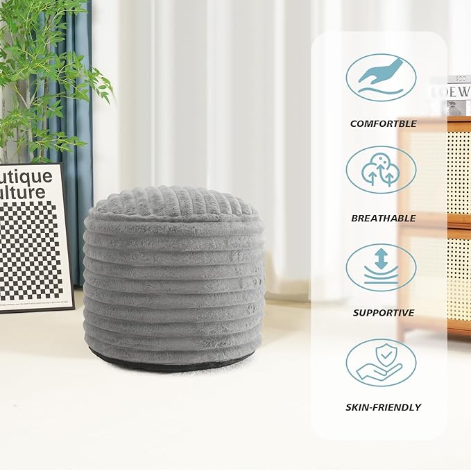 Pouf Ottoman Stuffed Round for Foot Rest, Faux Fur Poufs with Foam Chunk Filling, Storage Ottoman Pouf Foot Stool Cushion, 26 X 18 Inch Floor Chair for Living Room Bedroom Home Decor, Light Gray