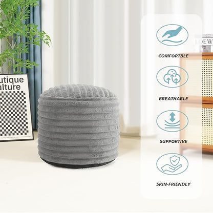 Pouf Ottoman Stuffed Round for Foot Rest, Faux Fur Poufs with Foam Chunk Filling, Storage Ottoman Pouf Foot Stool Cushion, 20 X 15 Inch Floor Chair for Living Room Bedroom Home Decor, Light Gray