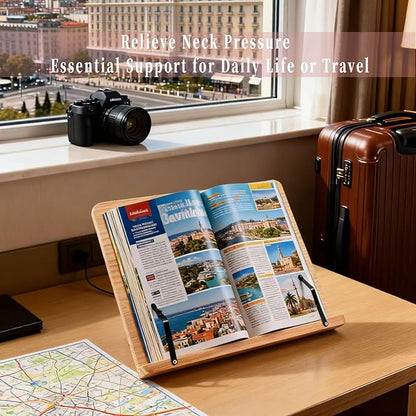 Reading Rack Wooden Bookshelf - Book Stand Foldable with 8 Adjustable Positions and Page Clips,Suitable for cookbooks、iPads、laptops、Sheet Music、and Reading Stands(13.4x9.45inch)