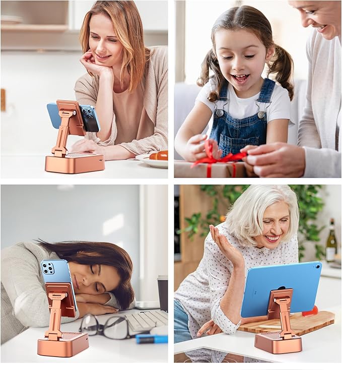 Gifts for Women Girls, Phone Stand with Bluetooth Speaker 360° Rotable Angle Adjustable Cell Phone Holder for Desk with HD Subwoofer Sound Fits All Phones,Tablets (Rose Gold)