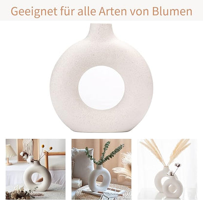 CEMABT White Donut Vase Hollow Ceramic Vase for Flowers Handmade Minimalist Boho ins Style Modern Home Decor for Wedding Dinner Table Party Living Room Office Bedroom(M)